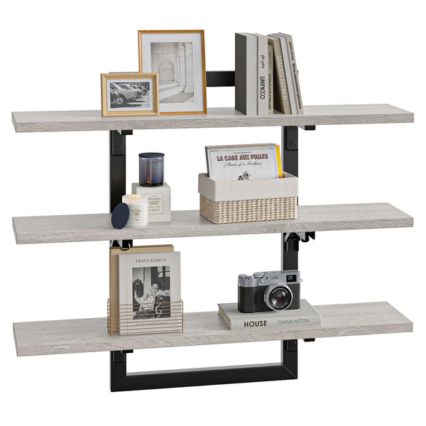 3-Tier Foldable Wall Mounted Floating Shelf with Industrial Metal Brackets