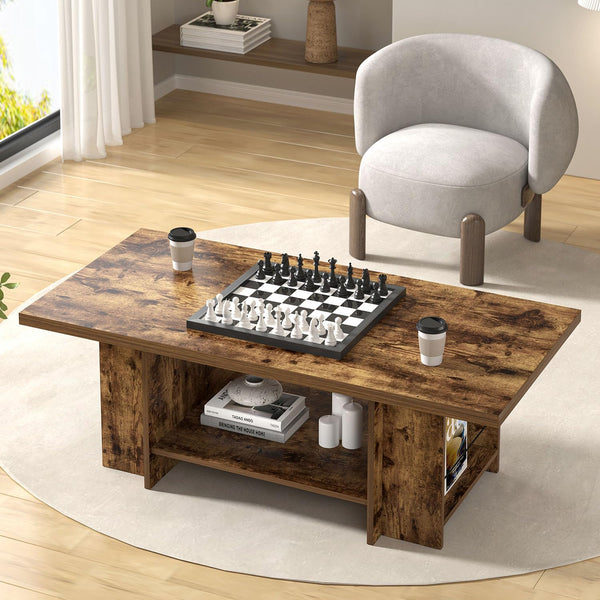 Rustic 2-Tier Coffee Table with Storage Shelves