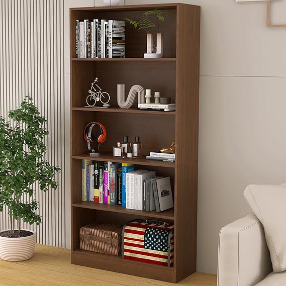 5-Shelf Freestanding Wooden Bookcase with Display Organizer