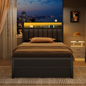 Twin Platform Bed with LED Lights, Charging Station & Storage Drawers