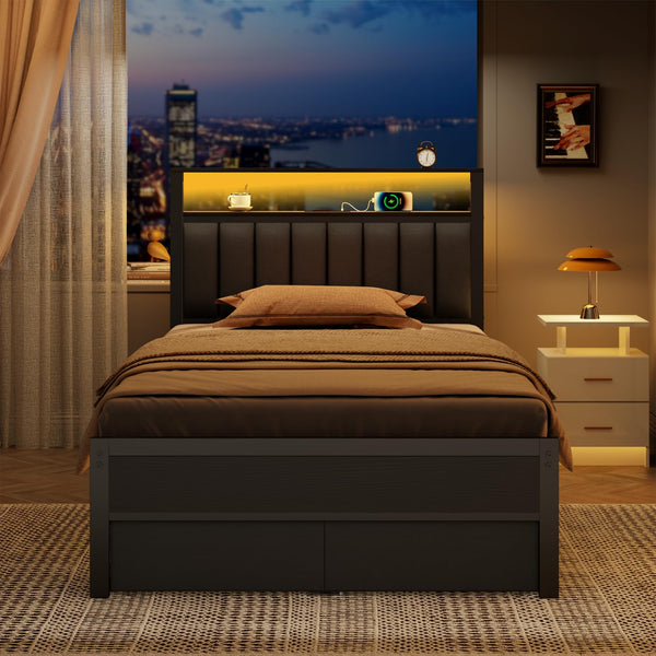 Twin Platform Bed with LED Lights, Charging Station & Storage Drawers