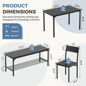 Dining Table Set with Bench – 3 or 4 Piece, Black or Grey