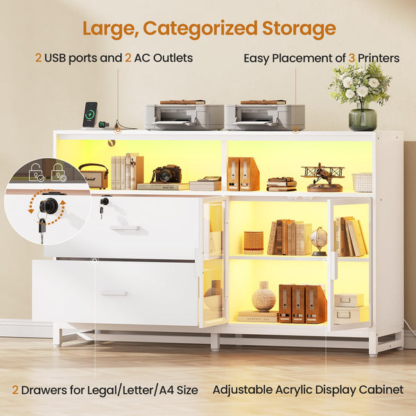 59" File Cabinet with 2 Lockable Drawers, Power Outlets & LED Lights