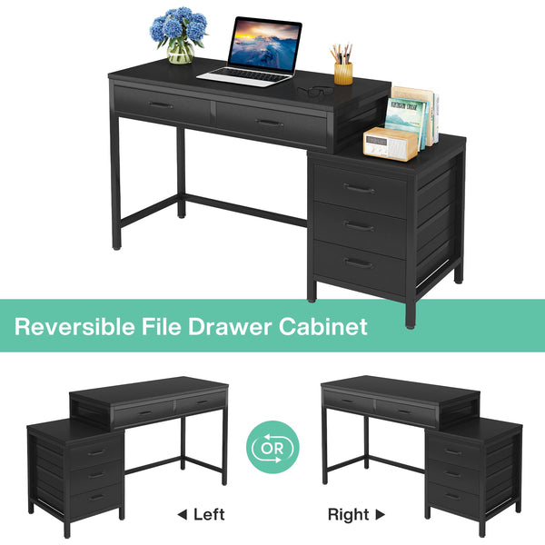Computer Desk with 5 Drawers and Reversible File Cabinet