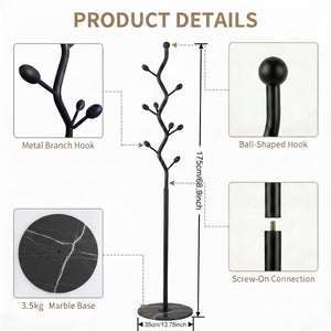 Tree Branch Coat Rack with Marble Base & 8 Hooks