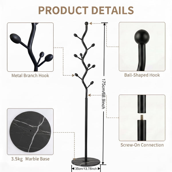 Tree Branch Coat Rack with Marble Base & 8 Hooks