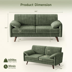 Chenille Loveseat Sofa with Padded Arms – 64.5" Modern Couch for Living Room