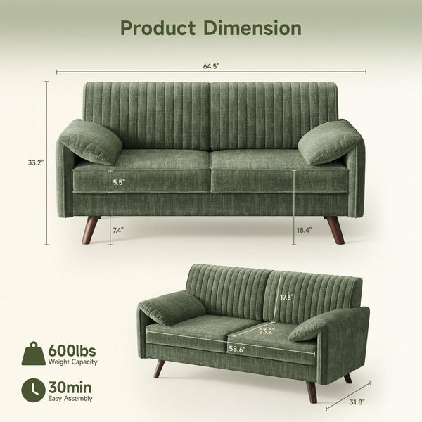 Chenille Loveseat Sofa with Padded Arms – 64.5" Modern Couch for Living Room