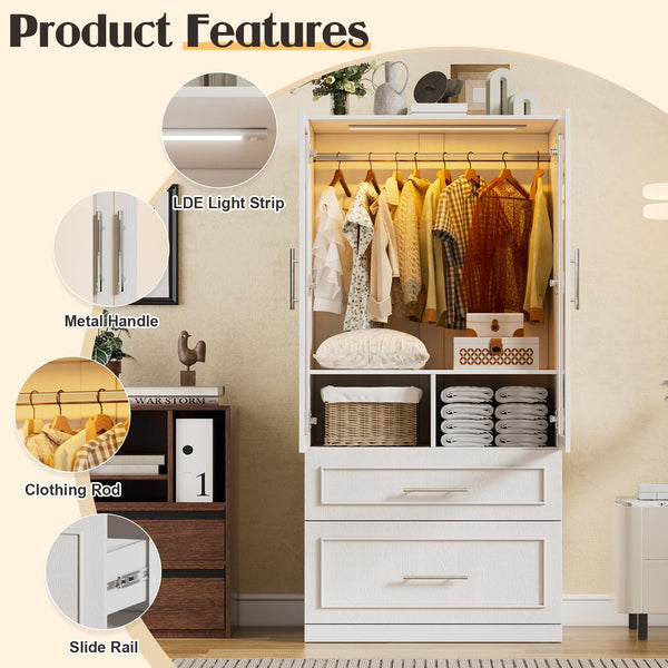Armoire Wardrobe Closet with Glass Doors, Drawers & LED Light