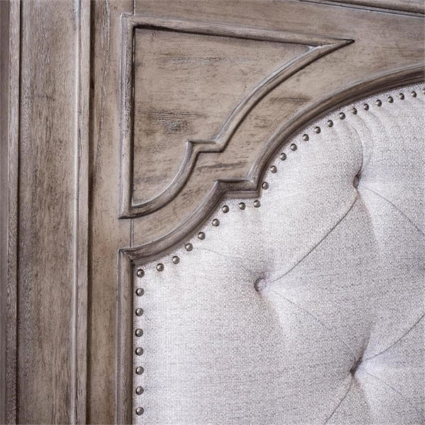King Panel Bed – Upholstered Headboard, Distressed Driftwood Finish