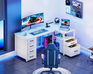 L-Shaped Corner Desk with Drawers & Power Outlet