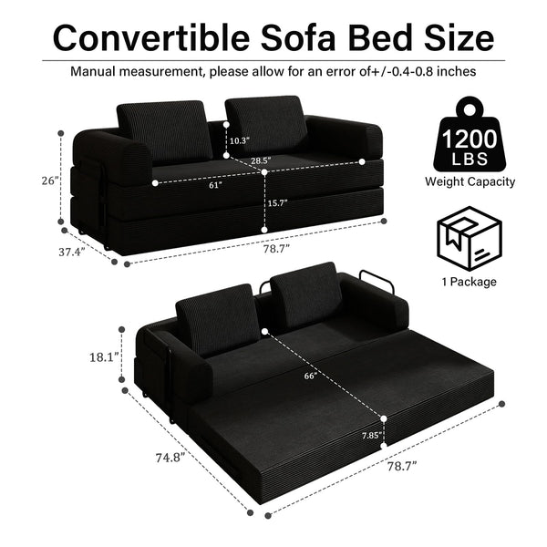 Convertible Sofa Bed with Side Pocket & Corduroy Fabric