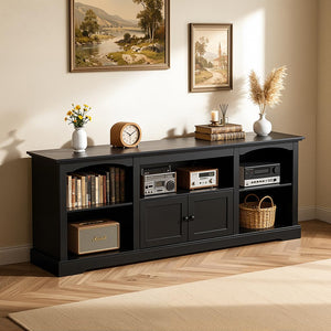 LUCKLIFE 71" TV Stand for TVs up to 80 Inch,Modern Farmhouse Entertainment Center with Arched Cabinet Doors & Open Adjustable Storage Shelves,Media Console Table for Living Room (Black, 71 inch)