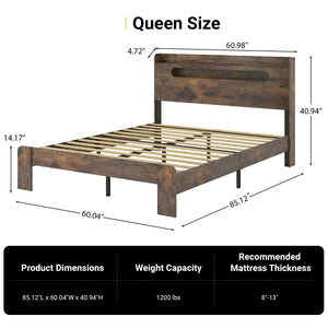Queen Platform Bed Frame with Storage Headboard, LED Lights & Charging Station, Dark Brown