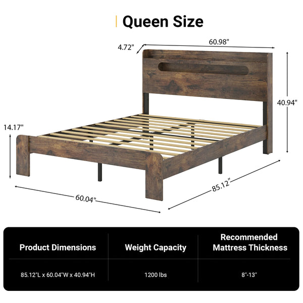 Queen Platform Bed Frame with Storage Headboard, LED Lights & Charging Station, Dark Brown