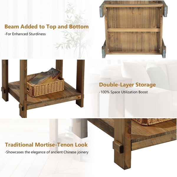 Solid Wood End Table Set of 2 with 2-Tier Storage Shelf
