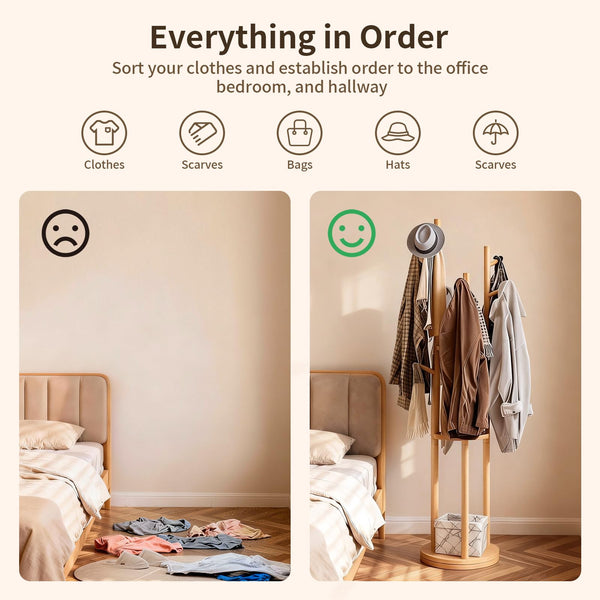 Solid Wood Rotary Coat Rack with Shelves & Hooks