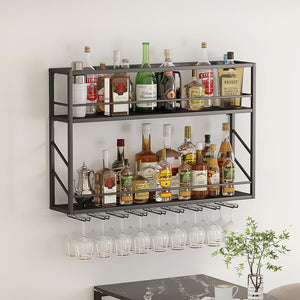 Wall Mounted 2-Tier Metal Wine Rack with Glass Holder