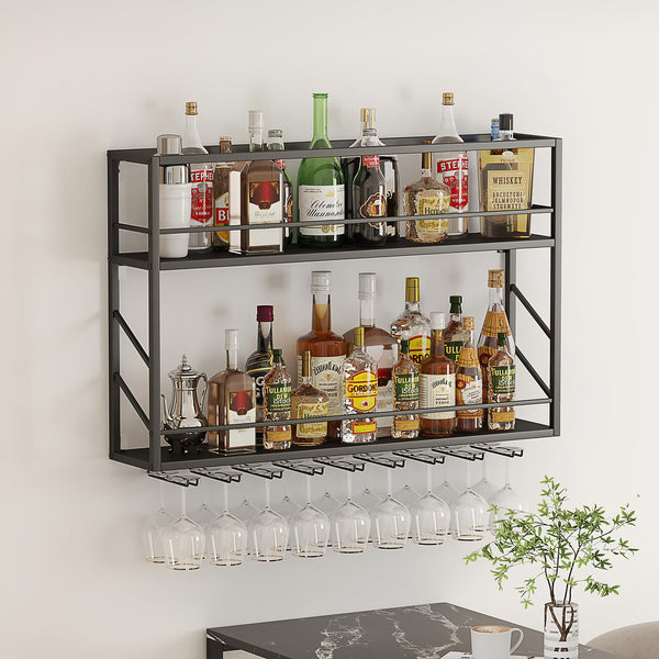 Wall Mounted 2-Tier Metal Wine Rack with Glass Holder