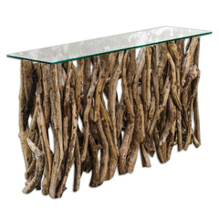 Reclaimed Teak Wood Console Table with Clear Glass Top