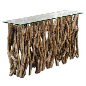 Reclaimed Teak Wood Console Table with Clear Glass Top