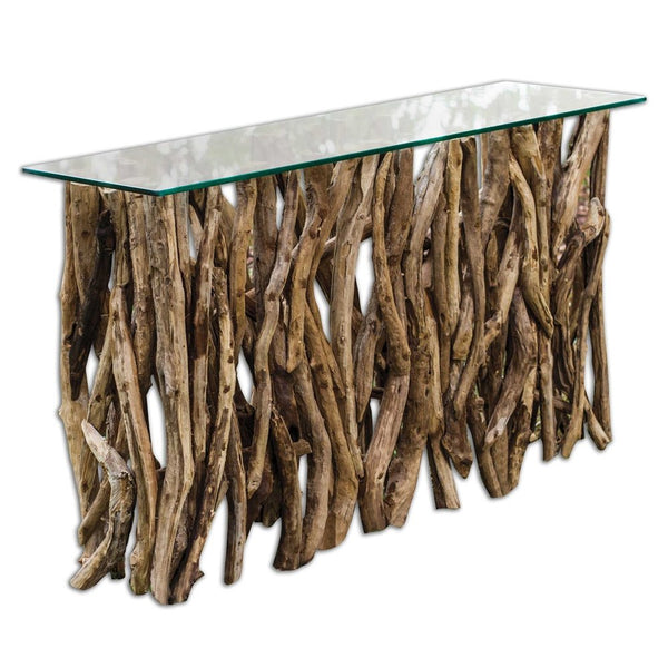 Reclaimed Teak Wood Console Table with Clear Glass Top