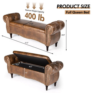 Upholstered Storage Ottoman Bench with Rolled Arms & Nailhead Trim