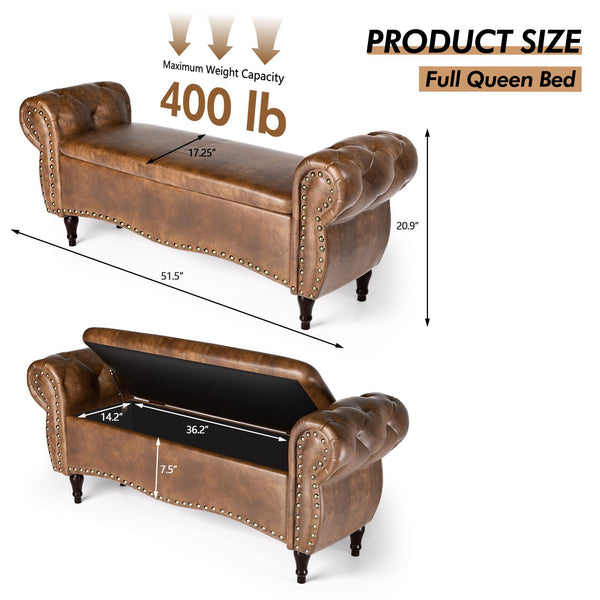 Upholstered Storage Ottoman Bench with Rolled Arms & Nailhead Trim