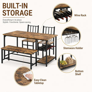 4-Person Dining Table Set with Bench, Wine Rack & Storage