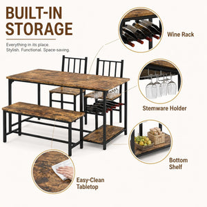 4-Person Dining Table Set with Bench, Wine Rack & Storage