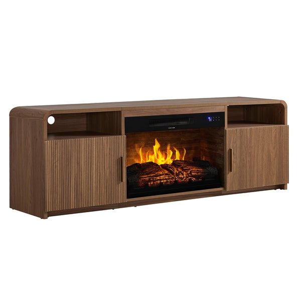 AMERLIFE 70" Fluted Fireplace TV Stand for TVs Up to 80", Modern TV Console with 30" Electric Fireplace & Storage Cabinets, Media Entertainment Center for Living Room, Brown