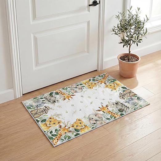 Elephant Giraffe Animal Print Area Rug – Washable Indoor Rug
