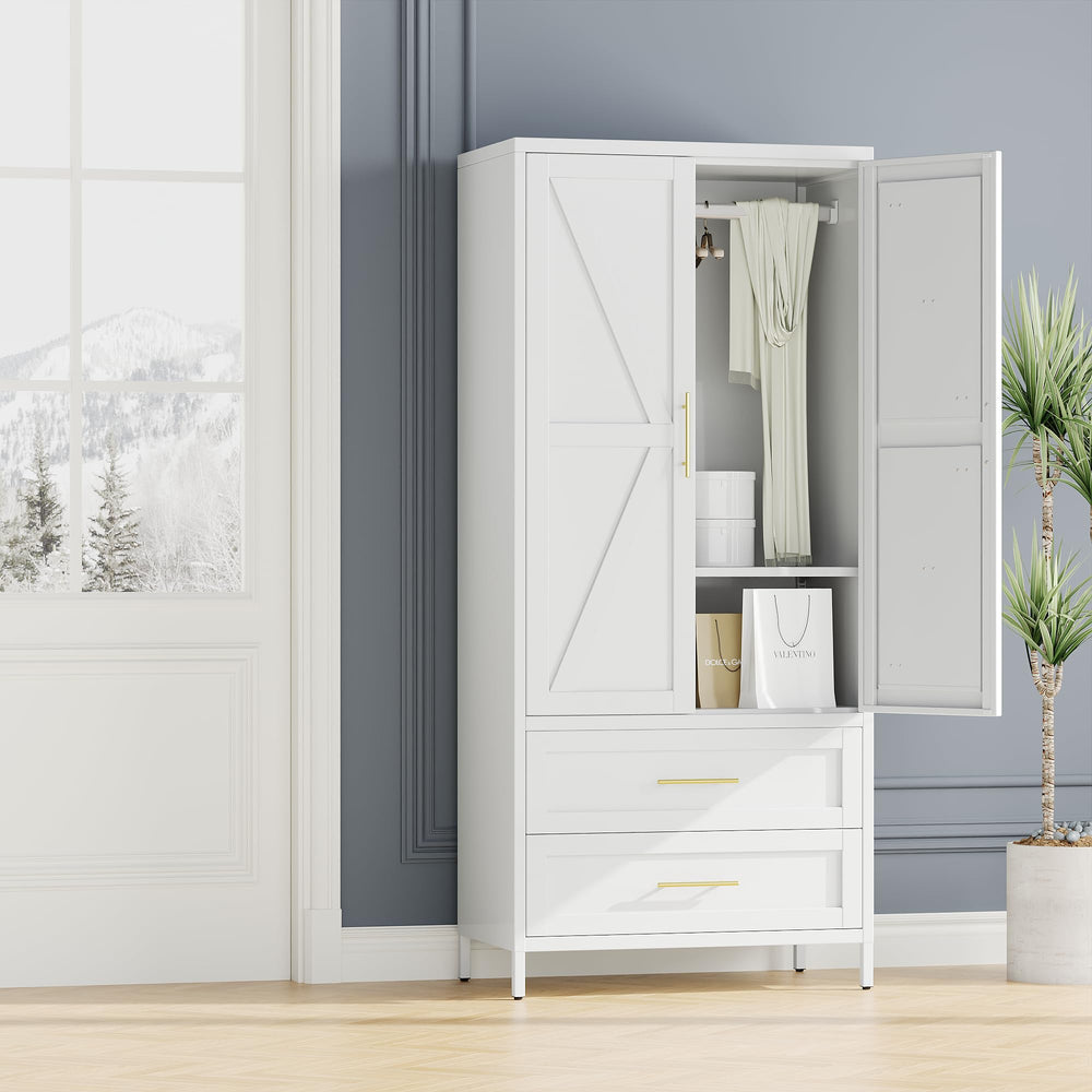 Metal Wardrobe Closet with Drawers & Hanging Rod