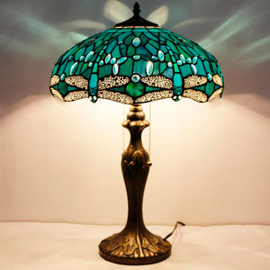 Tiffany Table Lamp Sea Blue Green Dragonfly Stained Glass 16" Shade 24" Height