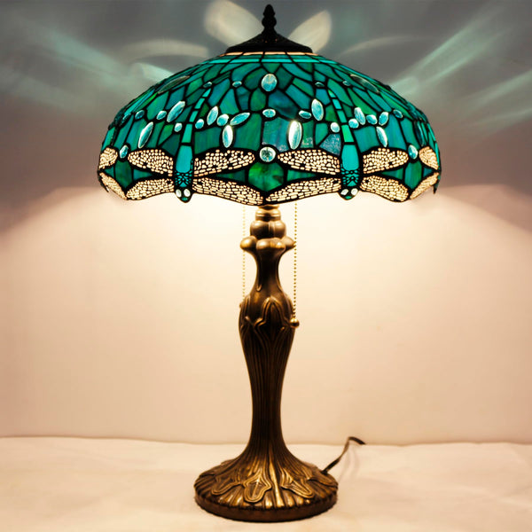 Tiffany Table Lamp Sea Blue Green Dragonfly Stained Glass 16" Shade 24" Height