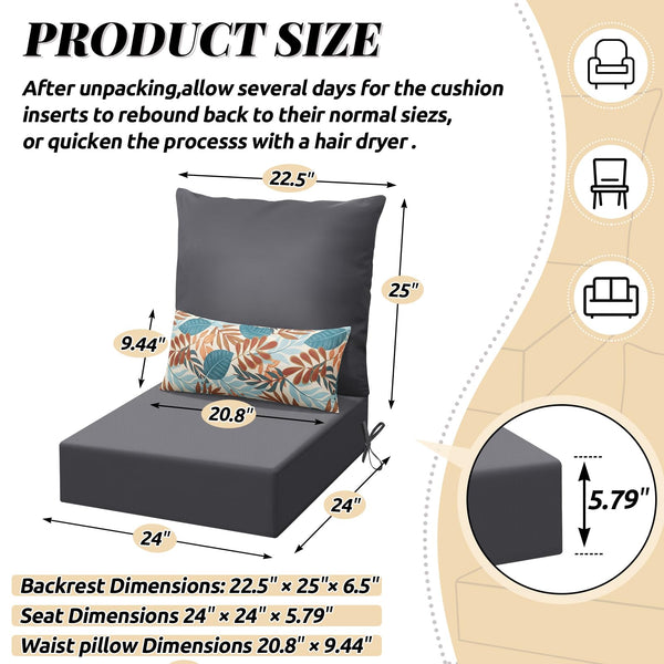 6-Piece Outdoor Deep Seating Cushion Set – Waterproof, Fade Resistant, Grey