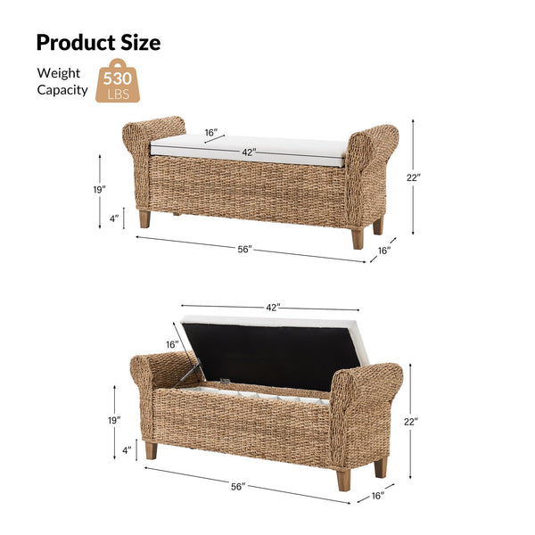 Rattan Storage Bench with Rolled Armrests