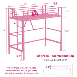 Twin Size Metal Loft Bed with Ladder & Guardrail