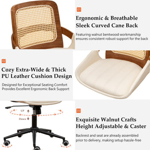 Rattan Back Office Chair with Faux Leather & Caster Wheels