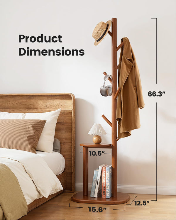 Freestanding Hall Tree Coat Rack with 8 Hooks & Storage Shelf