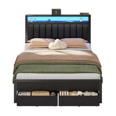 Queen Bed Frame with LED Lights, Charging Station & Storage Drawers