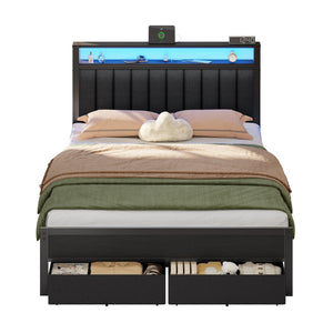 Queen Platform Bed with LED Lights, Charging Station & Storage Drawers