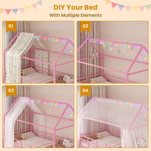 Twin House Bed Frame with Storage Drawers & LED String Lights