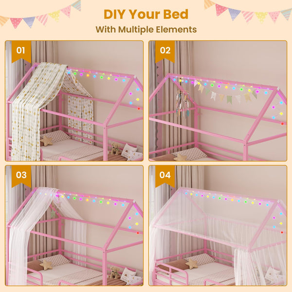 Twin House Bed Frame with Storage Drawers & LED String Lights