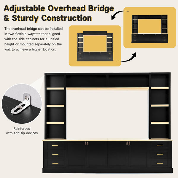 102.3" Farmhouse 4-Piece Entertainment Center with Drawers & Adjustable Shelves