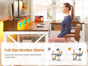 L-Shaped Desk with Drawers, LED Lights & Power Outlet