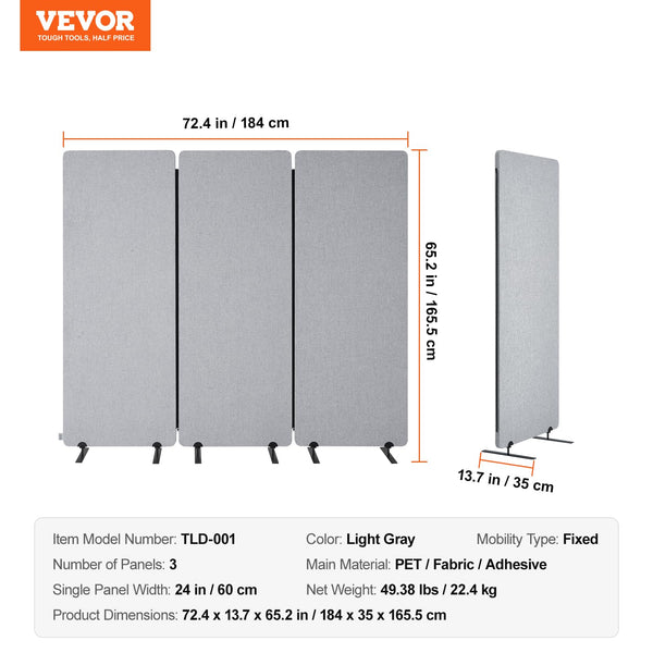 3-Panel Soundproof Room Divider – Folding Privacy Partition, Light Gray