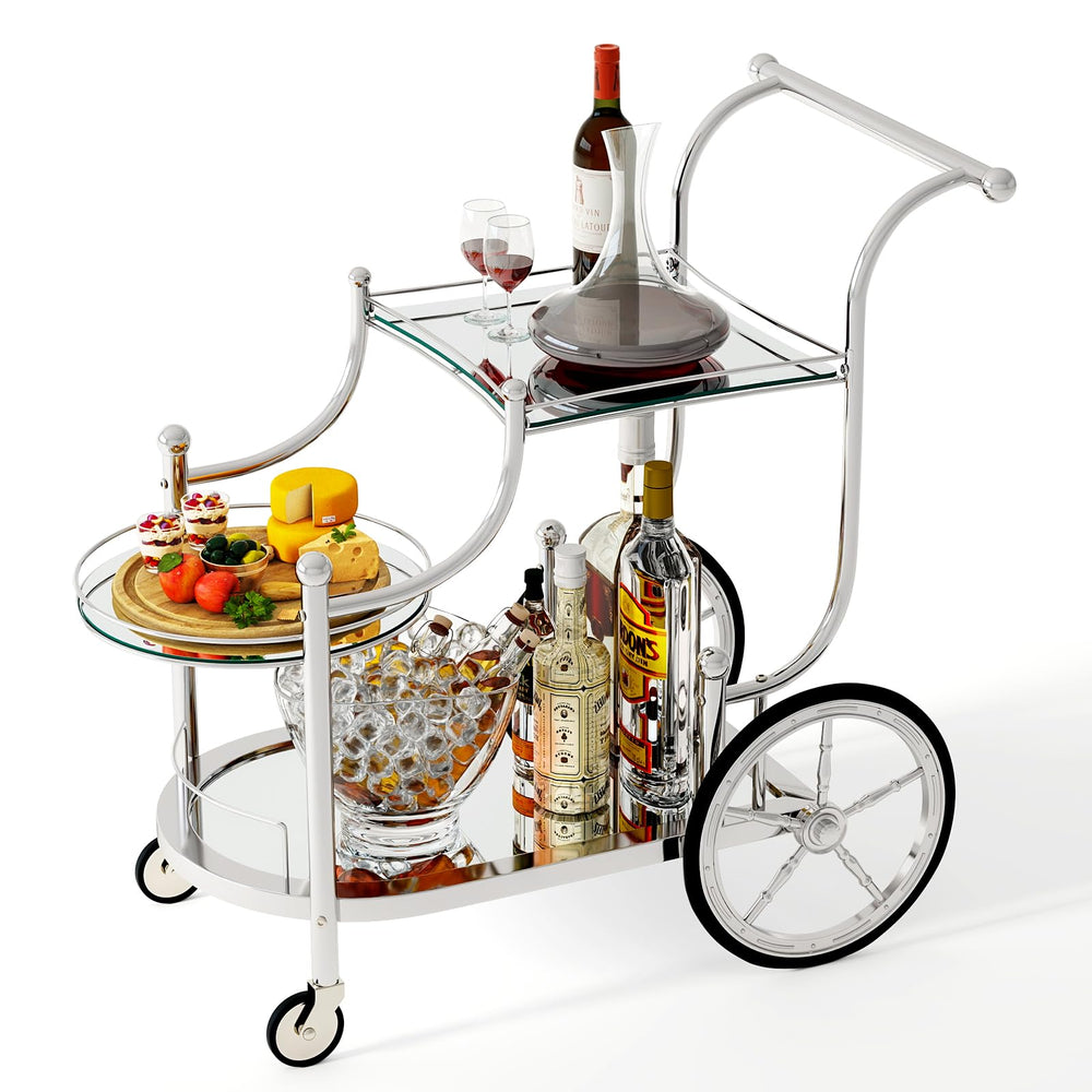 3-Tier Rolling Bar Serving Cart with Glass Shelves