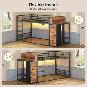 Twin Over Twin Low Bunk Bed with Storage & RGB Lights