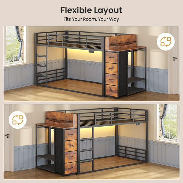 Twin Over Twin Low Bunk Bed with Storage & RGB Lights